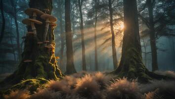 Mushroom on Tree in Forest with Sun Rays photo