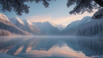 Winter Landscape with Lake and Snowy Mountains photo