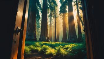 Sequoia Forest Seen Through Open Doorway with Sunlight photo