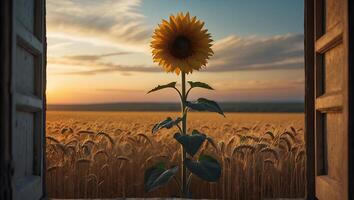 Sunflower in Wheat Field Through Window at Sunset photo