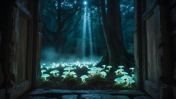 Glowing Mushroom in Dark Forest Seen Through Door photo