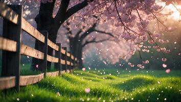 Cherry Blossom Tree with Falling Petals and Fence in the Park photo