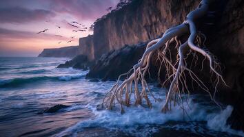 Tree Roots on Rocky Coast with Sunset and Ocean Waves photo