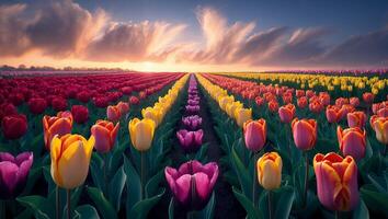 Colorful Tulip Field at Sunset with Rows of Flowers photo