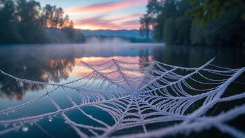 Frost Covered Web Near Lake at Sunrise photo