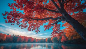 Autumn Tree Over Calm Lake Landscape in Fall Season photo