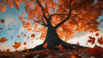 Falling Autumn Leaf Under Tree with Roots on Sunny Day photo