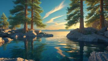 Lake Reflection with Pine Trees and Rocky Shore at Sunset photo