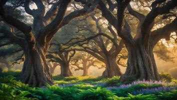 Enchanted Forest with Lush Greenery and Large Trees photo