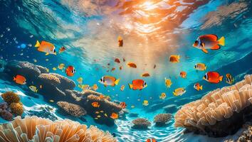Tropical Fish Swimming Around Coral Reef in Ocean photo