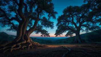 Two Old Trees at Dusk with Visible Roots photo