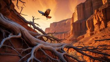 Eagle Soars Above Canyon with Tree Roots in Stunning Desert Landscape photo