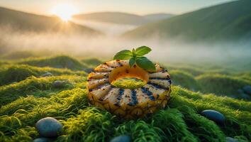 Grilled Pineapple Ring on Mossy Landscape photo