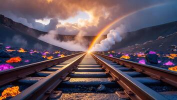 Train Tracks Disappearing Into Horizon Under Rainbow photo