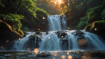Waterfall in Forest with Sun Rays and Moss Covered Rocks photo