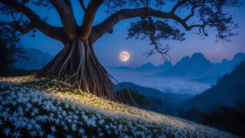 Tree Moon Mountain Landscape at Night photo