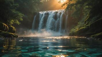 Scenic Waterfall Landscape with Sunlight Through the Trees photo