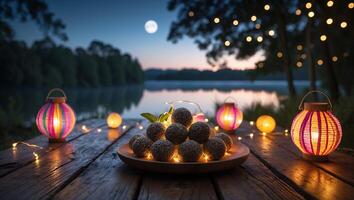 Energy Balls at Night by Lake with Colorful Lanterns photo