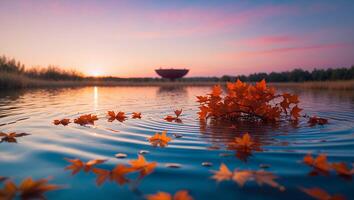 Autumn Leaves Floating in Lake at Sunset photo