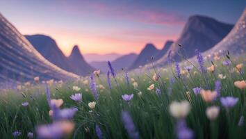 Lavender Field with Mountains at Sunset Landscape photo