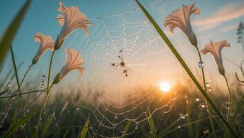 A spider web with dew on it in front of some flowers photo