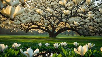 Magnolia Tree in Bloom on Green Grass Lawn photo