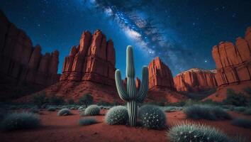 Desert Landscape with Cactus and Milky Way photo