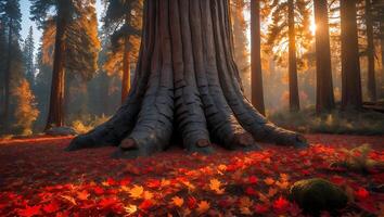 Giant Sequoia Tree in Autumn Forest with Red Leaves photo