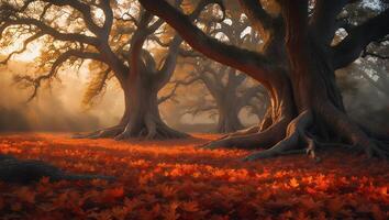 Autumn Trees with Red Leaves in Forest photo