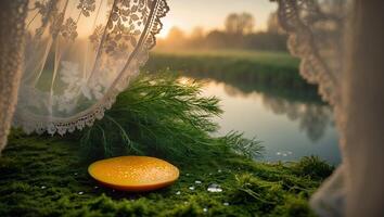 Mango Slice on Moss with Lace Curtain and Water View photo