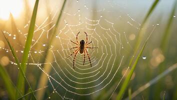 Spider on Web with Dew Drops at Sunrise photo