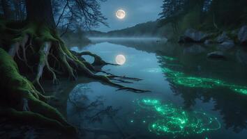 Tranquil Lake at Night with Full Moon and Glowing Light photo