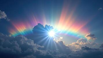 Vibrant Rainbow Beams Emanating from the Cloudy Sky at Sunrise photo