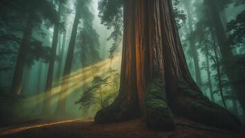 Giant Sequoia Tree in Foggy Forest with Sun Rays photo