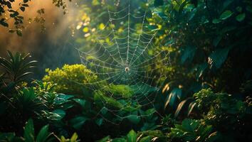 Spiderweb Dew on Web in Lush Green Leaves and Nature photo