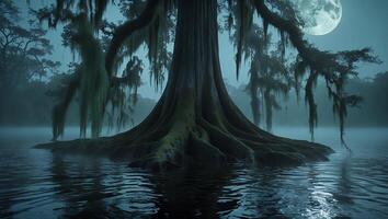 Mystical Tree in Water with Full Moon and Fog photo