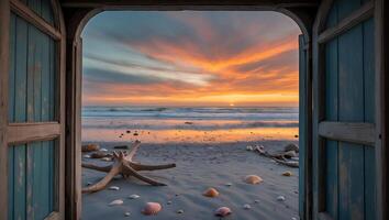 Beach Sunset Doorway View with Seashells and Driftwood photo