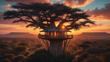 Treehouse Sunset in African Landscape photo