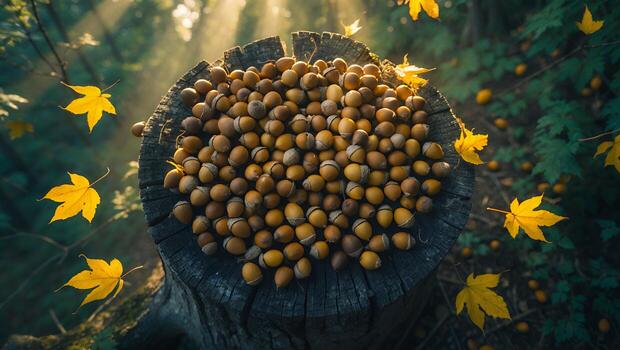 Acorn on Tree Trunk with Autumn Leaves Falling in Forest photo
