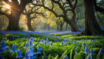 Bluebell Flowers Growing in a Forest with Sunlight photo