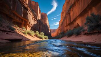 River Flowing Through a Canyon with Clear Sky and Orange Rock photo