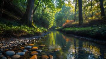 Forest Stream Landscape with Stones and Sunlight photo
