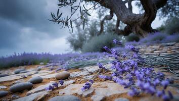 A field of lavender flowers under a tree photo