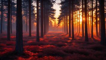 Forest at Sunrise with Red Undergrowth Landscape Image photo