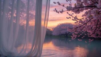 Cherry Blossom Tree and Lake at Sunset Seen Through Curtains photo