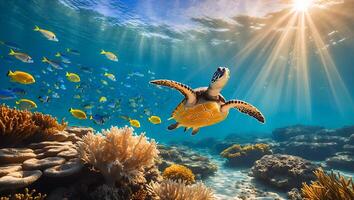 Sea Turtle Swimming Near Coral Reef in Ocean photo