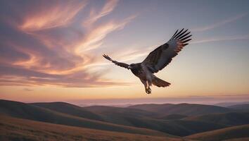Hawk Flying Over Hills at Sunrise photo