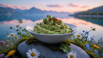 Avocado Dip with Red Pepper on a Stone by Lake at Sunset photo