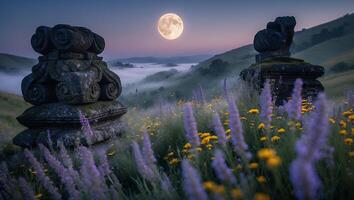 Stone Column in Meadow Under Full Moon photo