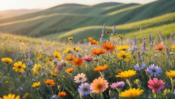 Wildflower Field with Rolling Hills and Sunrise photo